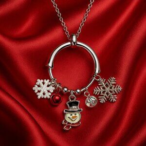 Holiday Snowman Charm Necklace – Silver Pendant with Jingle Bell, Crystal & Snow